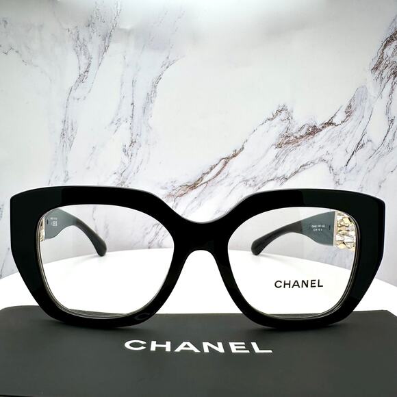 New CHANEL Eyeglasses Black Gold Cat Eye Clear Rotating Pearls 52mm - Picture 5 of 15
